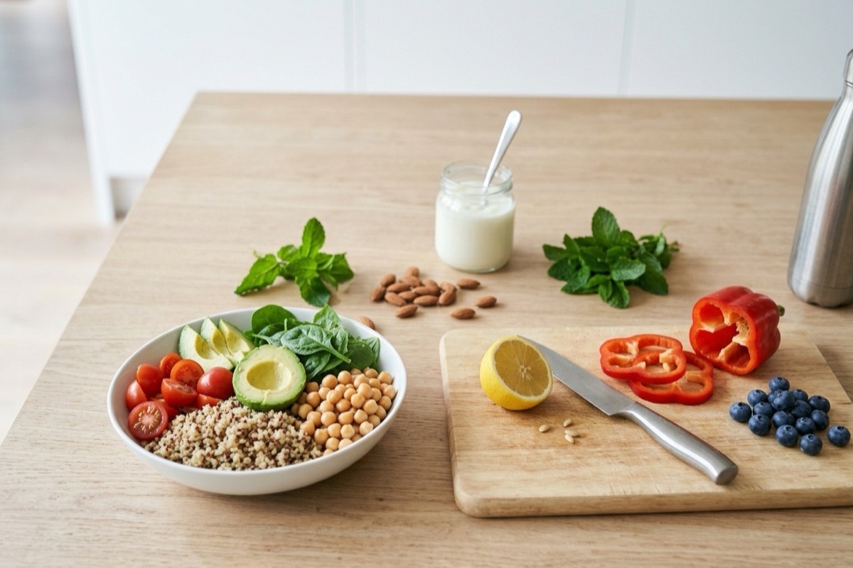 Repas équilibré en préparation : bol de quinoa, avocat, tomates cerises et pois chiches, planche de légumes frais
